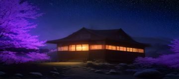 鲤鱼乡乡村营地帐篷区，多顶白色帐篷排列在溪边草地上，夜晚灯光温暖、萤火虫飞绕四周